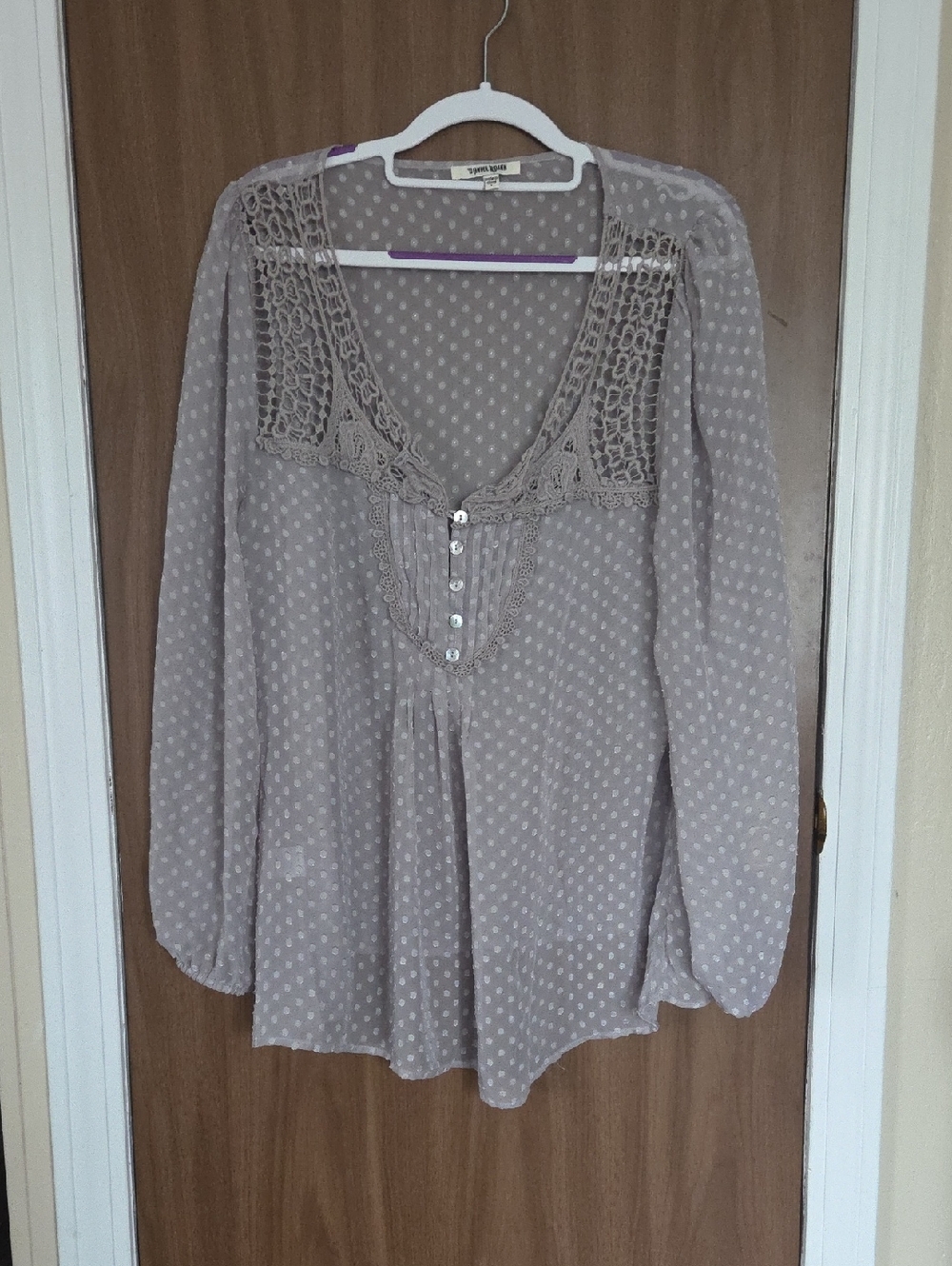 Daniel Rainn Taupe Polka-Dot Crochet-Trim Sheer Peasant Blouse